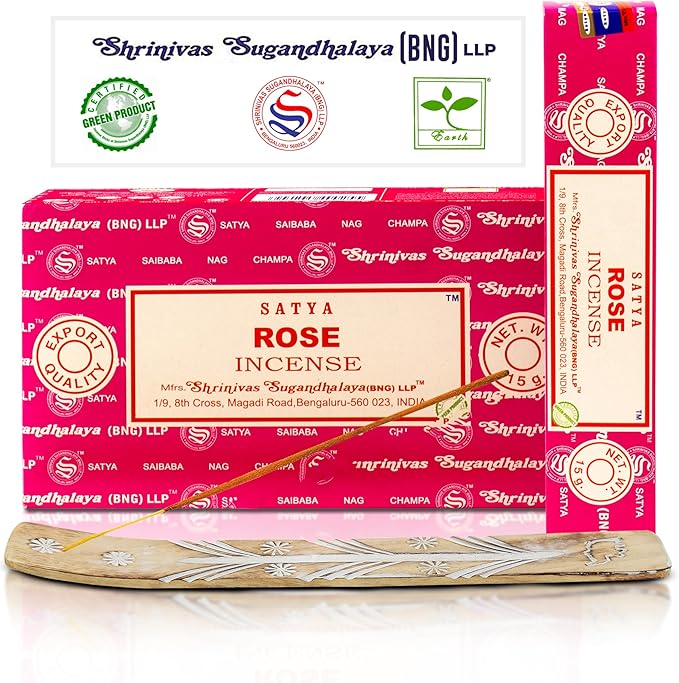 Satya Rose Incense Sticks, Satya Bng Insenses 15gmx12 Pack with Raajsee Incense Holder Bundle, Satya Nagchampa Natural Incense - Bloomnest
