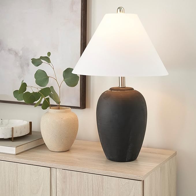 Nourison Home 23" Black Vintage Distressed Ceramic Pot Table Lamp for Bedroom, Living Room, End Table, with White Conical Empire Shade - Bloomnest