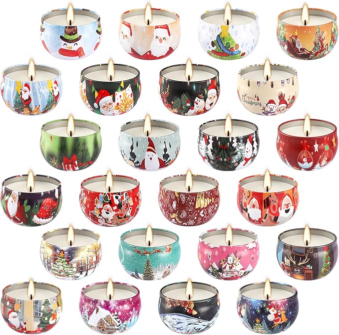 24Pack Christmas Scented Candle Tins Gift Set - Soy Wax Festive Aromatherapy Candles 2.5oz- Smokeless Long Lasting Burn time for Christmas Gifts Holiday Decor & Gifting. - Bloomnest