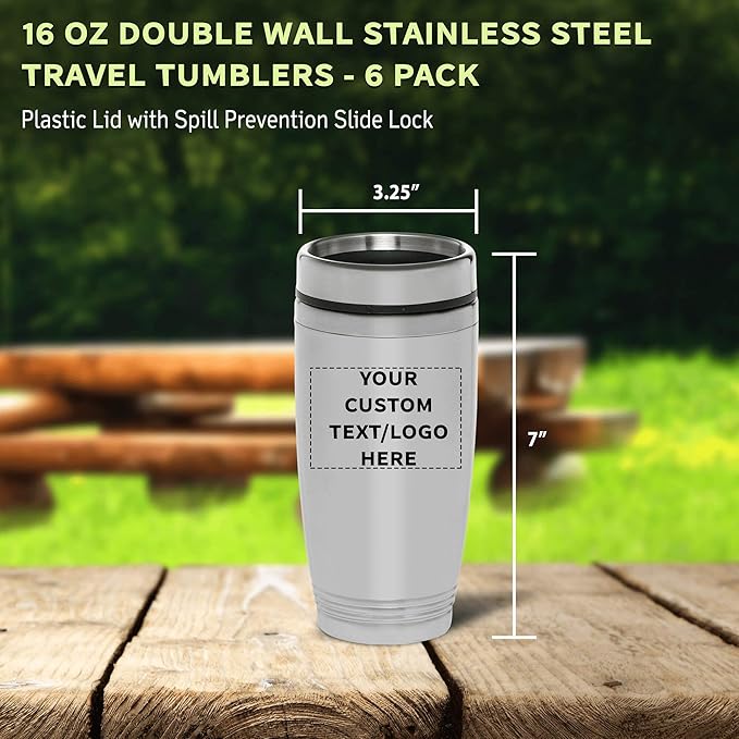 DISCOUNT PROMOS Custom Stainless Steel Tumblers 16 oz. Set of 6, Personalized Bulk Pack - Perfect for Coffee, Soda, Other Hot & Cold Beverages - Silver