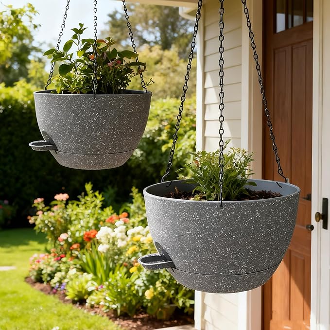 WOUSIWER Self Watering Hanging Planters, 2 Pack 12'' Plastic Pots with Drainage Holes & Reservoir Tray (Speckled Grey) | Indoor & Outdoor Use for Ferns, Ivy, Herbs, Succulents - Bloomnest