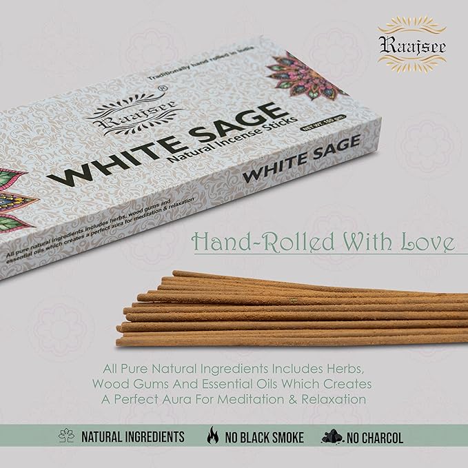 White Sage Incense Sticks for Cleansing 100 gm Pack - 100% Natural -Charcoal Free - Organic Non Toxic Clean Burning - Made from Upcycled Flowers RAAJSEE