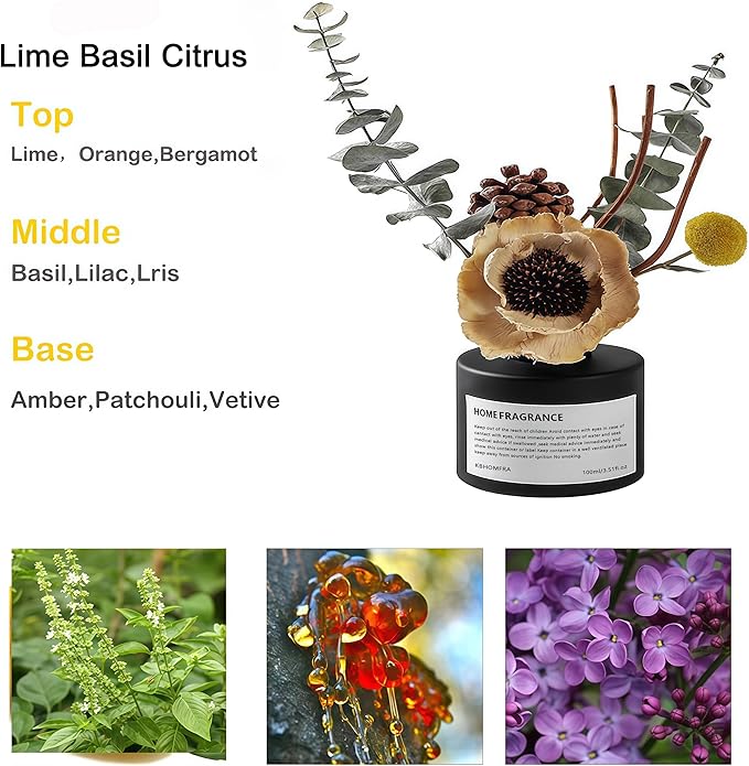 Reed Diffuser Set with Dried Flowers, 3.38fl.oz Fragrance Diffuser with Sticks, Scented Sticks Aroma Diffuser, Home & Office Décor for Air Fresheners, Bathroom (Lime Basil Citrus) - Bloomnest
