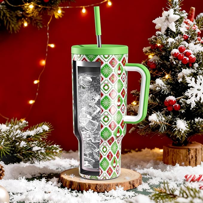 Meoky 40 oz Christmas Tumbler with Handle and Straw, Xmas Tumbler with Lid and Straw, Insulated Stainless Steel Travel Mug, Christmas Gifts for Women Men Adults (Snowy Santa) - Bloomnest