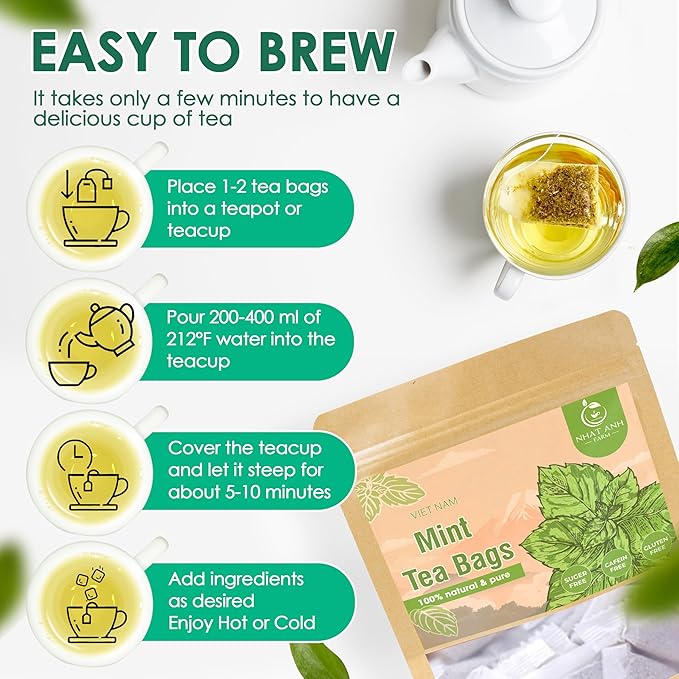 NHAT ANH FARM - Premium Peppermint Tea Bags, 40 Peppermint Tea Bags, 100% Natural Dried Mint Leaves, Naturally Sweet Herbal Tea, Sugar-Free, Caffeine-Free, No Additives. - Bloomnest