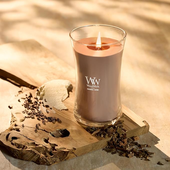 WoodWick Patchouli Crème Gifts for Women and Men, 21.5 oz Large Hourglass Candle with Crackling Wick - Bloomnest