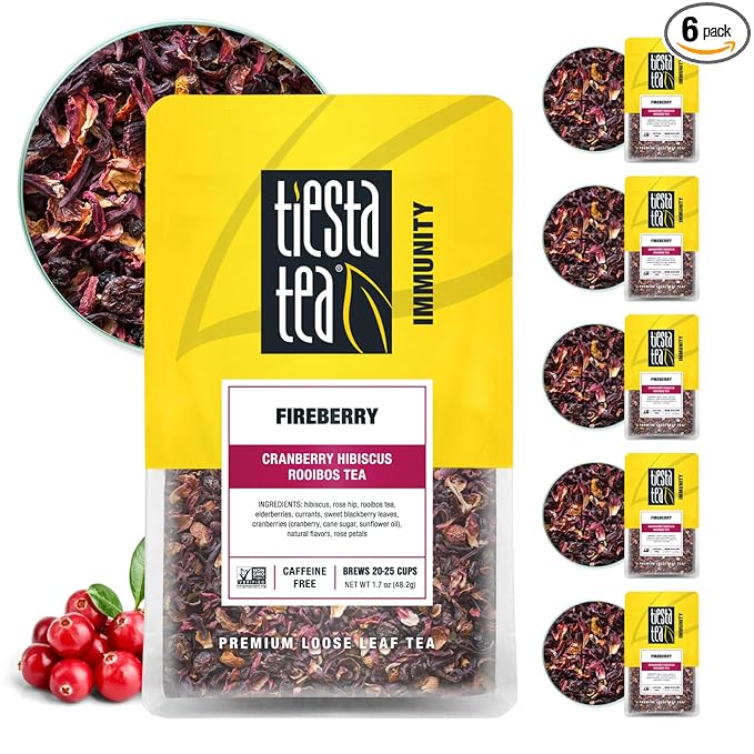 Tiesta Tea - Fireberry, Loose Leaf, Cranberry Hibiscus Rooibos Tea, Premium Non-Caffeinated Rooibos Blend, Make Hot or Iced & Brews Up to 25 Cups, 1.7oz Resealable Pouch, Pack of 6 - Bloomnest