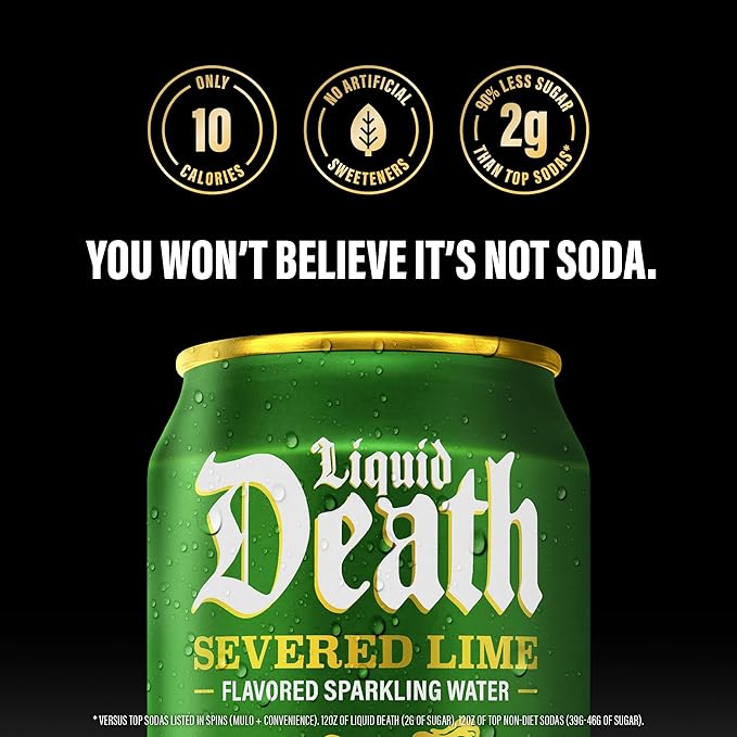 Liquid Death Soda-Flavored Sparkling Water - Severed Lime (Classic Lime Soda), Less Sugar*, Huge Flavor, No Caffeine, No Artificial Sweeteners, 12 Fl Oz (Pack of 12) - Bloomnest