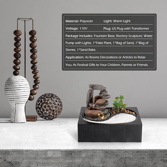 Dyna-Living Indoor Water Fountains Tabletop Water Fountain with Pump Zen Garden Relaxation Desk Waterfall Fountain Indoor Small Fountain for Zen Room Decor Style 2