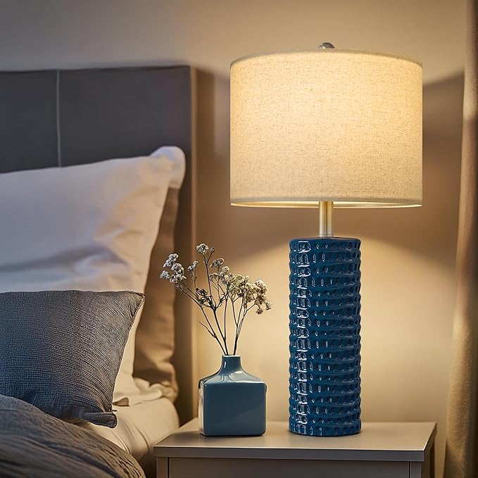 PORTRES 24.75" Modern Accent Ceramic Table Lamp Set of 2 for Bedroom Desk Decor Bedside Lamps for Living Room Study Room Office Dorm Farmhouse Nightstand Lamp End Table Lamps (Blue) - Bloomnest