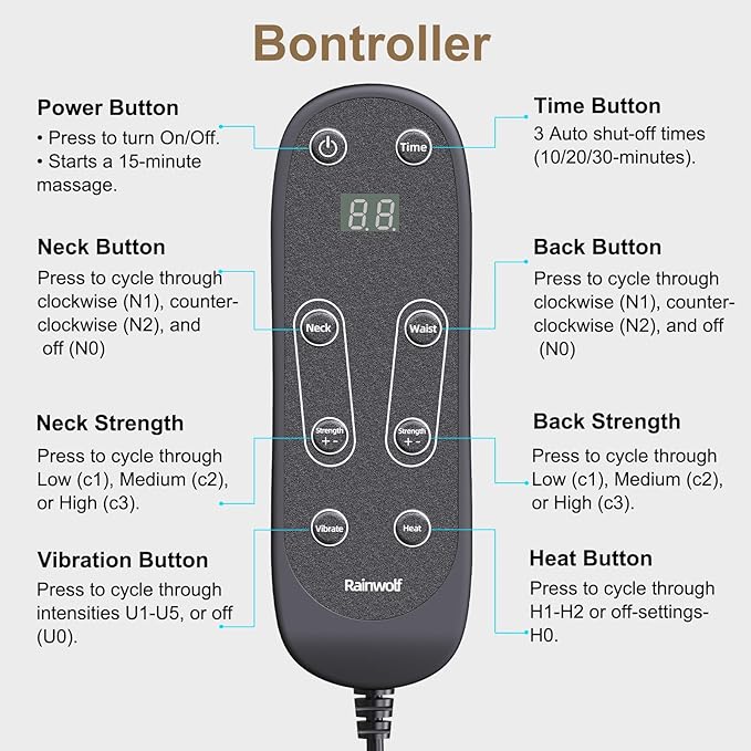 Rainwolf Shiatsu Neck and Back Massage Cushion with Heat - 4D Deep Tissue Kneading Full-Back Massager for Relief Fatigue, Adjustable Intensity & Height, for Office Chair & Home - Bloomnest