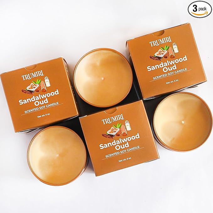 Sandalwood Oud - Scented Candles for Men - Pack of 3 x 5oz Natural Soy Clean Organic Non Toxic - Masculine Scent Gifts - Candel for Home Bedroom Bathroom Apartment Room Décor - New House Essentials