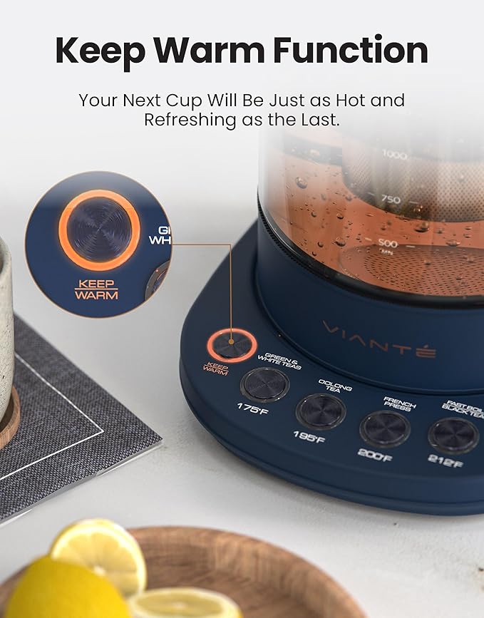 Vianté Electric Kettle With Infuser For Loose Leaf Tea. Hot Tea Maker With Temperature Control And Automatic Shut Off. Kettle With Brewing Programs. 1.5 Liters Capacity | Midnight Blue Color - Bloomnest