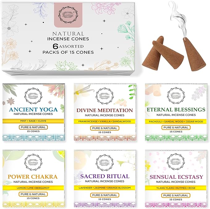 Raajsee Natural Incense Cones,6 Pack Mixed Scents Gift Pack 15 pc Each (90 Total), Insense Cones Variety Pack, 100% Organic Non Toxic Natural - Hand Rolled Free from Chemicals (Pack 3) RAAJSEE