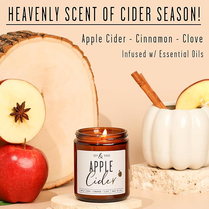 Apple Cider Candle, Fall Candles I Apple Cider, Cinnamon & Nutmeg - Infused with Essential Oils I Mulled Cider Fall Scented Candle (Soy) for Home I 9oz Reusable Jar I 50Hr Burn I Made in USA - Bloomnest