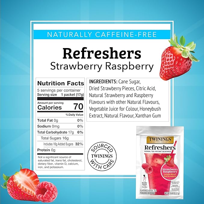 NEW Twinings Strawberry Raspberry Refreshers, Herbal Tea Instant Beverage, Real Strawberry Fruit Bits, 5 Count (Pack of 6), Café Style, No Artificial Sweeteners, Naturally Caffeine-Free, 30 Packets - Bloomnest