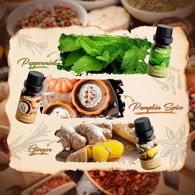 SALKING Spice Essential Oils, Premium Fragrance Oil for Diffuser, Scented Oil Gift Set for Soap Candle Making - Cinnamon, Clove, Vanilla, Pumpkin Spice, Peppermint, Ginger - Bloomnest