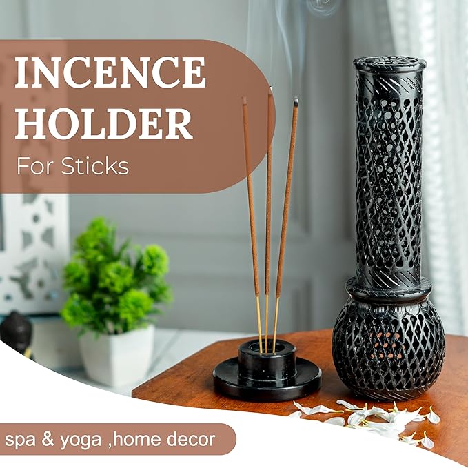 Crocon Handmade Black Marble Soapstone Incense Stick Burner Round Shape Jali and Handi Design Tower Burner | Candle Stick Holder | Decorative Home & Kitchen Best Gift Size - (2.7X2.7X9.4 Inch)
