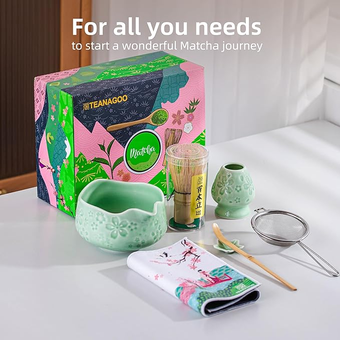 TEANAGOO Matcha Whisk Set,7 Pcs Matcha Set Blue Green,Ceremony Matcha Kit,Matcha Tea Set for Making Latte,Ceramic Bowl(chawan) whith Spout and Whisk,Gift for Matcha Lovers - Bloomnest