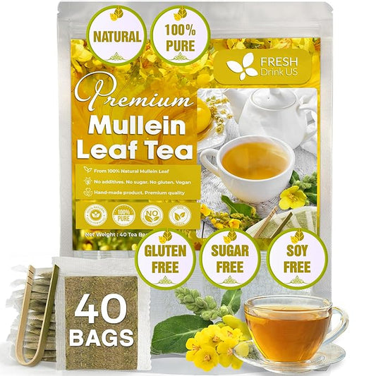 FreshDrinkUS, Premium 40 Mullein Leaf Tea For Lungs, Great Lung Detox For Smokers, Handmade, 100% Natural & Pure, No Sugar, No Caffeine, No Gluten, Vegan - Bloomnest
