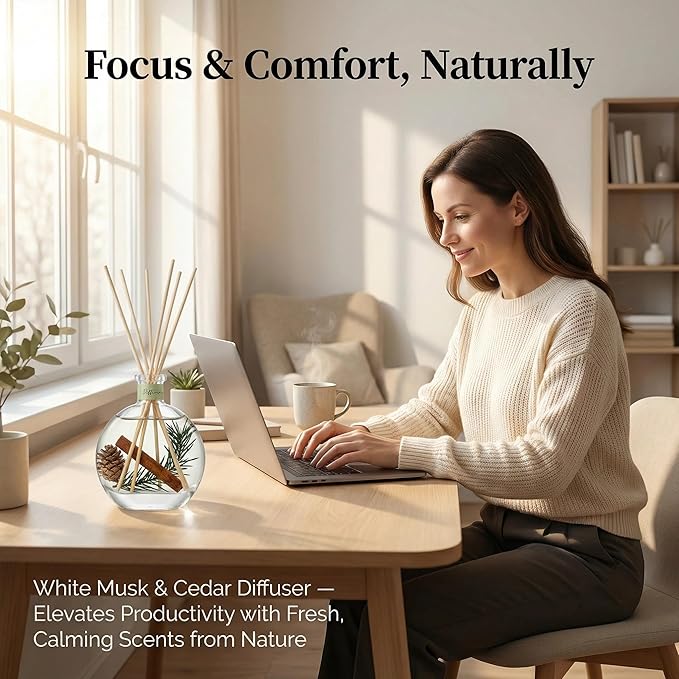 Cedar Wood & White Musk Essential Oil Reed Diffuser for Home&Office, Luxury Hotel Collection Diffuser Oil Inspired by Ritz Carlton, Bathroom,Bedroom&Living Room Shelf Decor,Non-Toxic & Gift Ready - Bloomnest