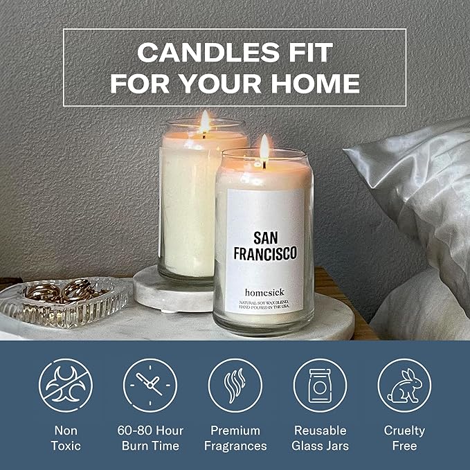 Homesick Scented Candles for Home (San Francisco) - 13.75 oz Long-Lasting Soy Wax Jar Candle for Women & Men for All Occasions, 60-80 Hours Burn Time - Notes of Coffee & Chocolate - Bloomnest