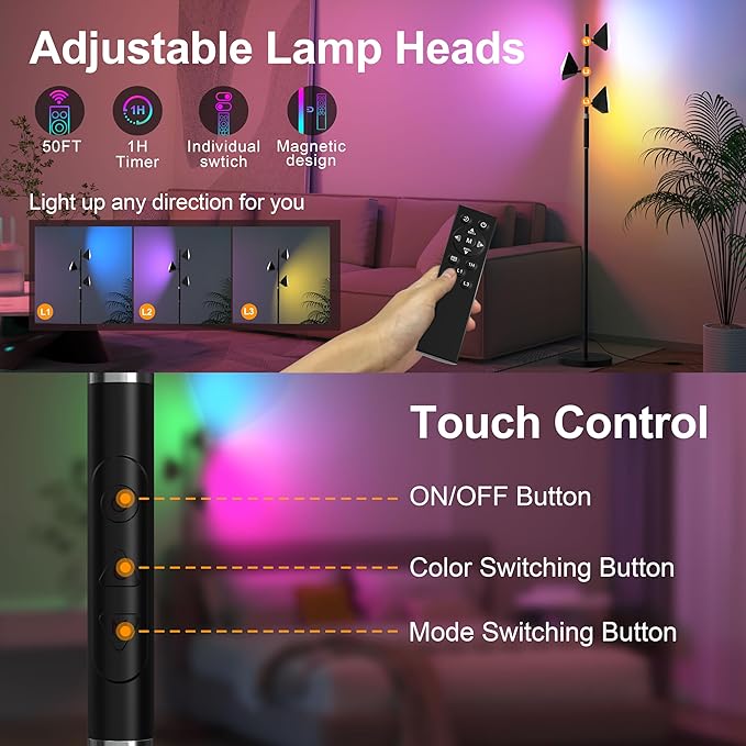 PARTPHONER RGB Tree Floor Lamp for Living Room, Stepless Dimmable Tall Standing Lamp with Remote, Touch Control and 3 Rotatable Light, Bright LED Lights for Bedroom with 4 Color-Changing, Black - Bloomnest