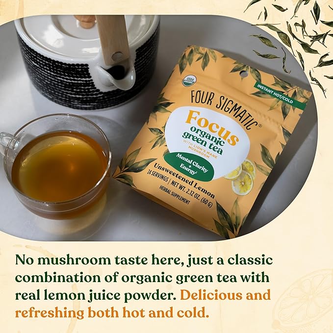 Four Sigmatic Focus Organic Green Tea | Focus Enhancing Tea with Lion's Mane Mushroom Extract | Organic Green Tea, Mint, and Rose Hips | Vegan, Gluten-Free | Unsweetened with Lemon, 24 Servings - Bloomnest