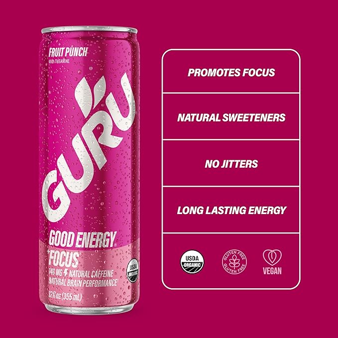 GURU Fruit Punch Organic Energy Drinks, Clean Energy Drink with Plant Based Natural Caffeine from Green Tea + Focus with L Theanine, Gluten Free and Vegan, 140MG Caffeine, 12oz (Pack of 12) - Bloomnest