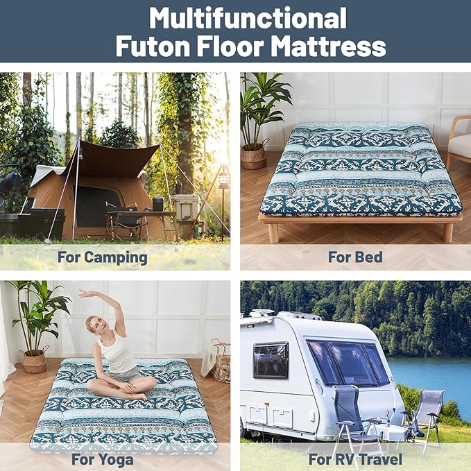Japanese Floor Mattress, Futon Mattress with Storage Bag and Washable Cover, Roll Up Tatami Mat Suitable for Guest Room (Blue Striped Jacquard, Queen) - Bloomnest