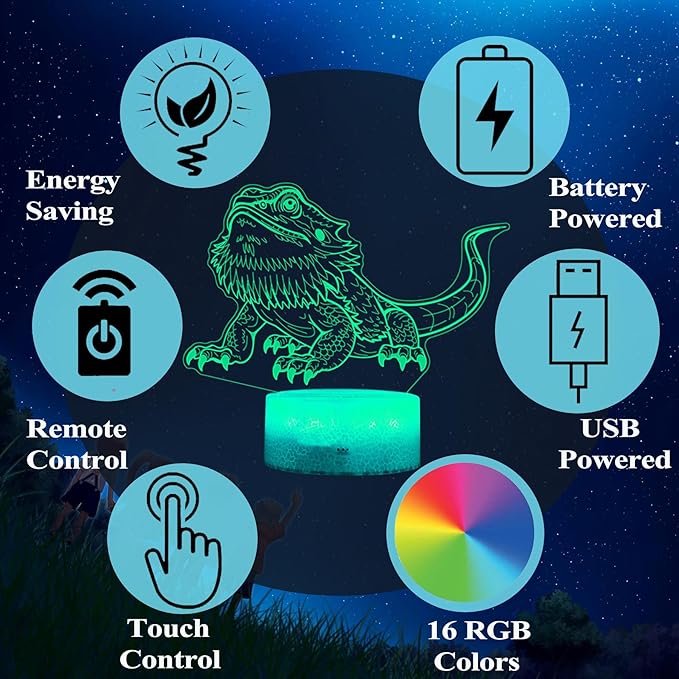 Bearded Dragon Gift, Bearded Dragons Night Light with Remote Control, 16 Colors Changing, RGB Flashing Mode, Dimmable, Great Bearded Dragon Tank Accessory and Decor - Bloomnest