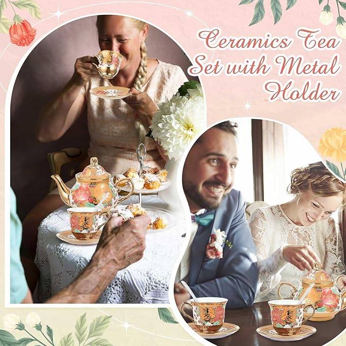 Zhehao 20 Pcs Porcelain Tea Set with Metal Holder and Spoon Adult Ceramic Tea Set European Flower Painting Teapot Cup Saucer Spoon for Women, Large Version(Stylish Style) - Bloomnest