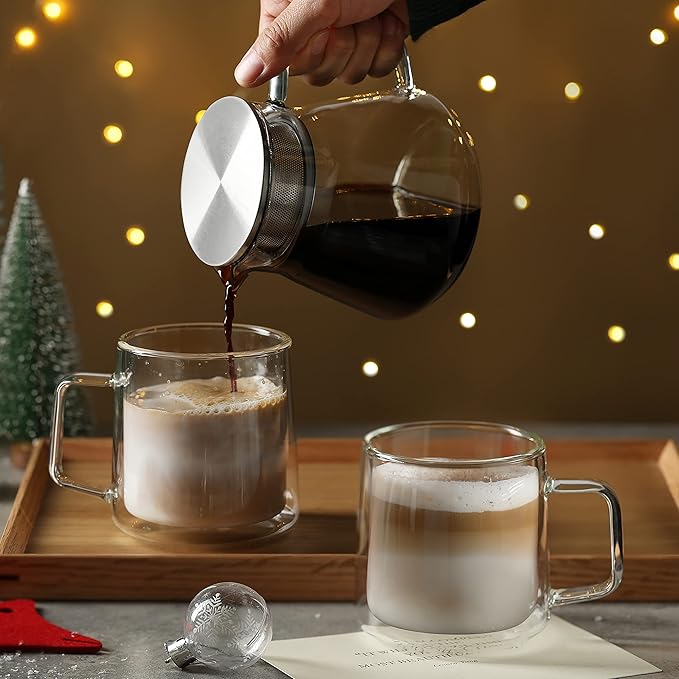 CNGLASS 10oz Glass Coffee Mugs,Double Wall Insulated Glass Mugs with Handle,Clear Espresso Mug for Latte,Cappuccino,Tea Bag,Set of 4 - Bloomnest