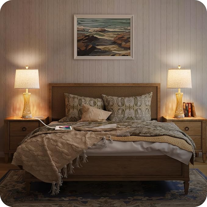 24.4” Farmhouse Rattan Table Lamps Set of 2, Touch Bedside Lamps for Bedroom with 3-Way Dimmable Night Light, USB A+C Charging Ports, Bamboo Boho Nightstand Lamp with Beige Linen Shade H04TL05 - Bloomnest