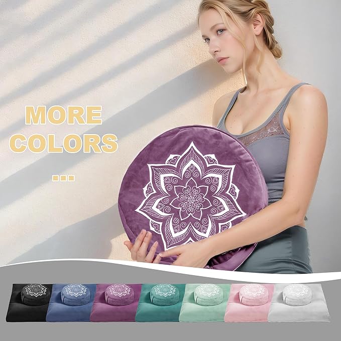 Meditation Zafu Cushion Set with Buckwheat Hulls & Memory Foam - Ergonomic Support for Yoga & Sitting - Removable Machine-Washable Luxury Velvet Cover - for Adults and Kids (Purple（COVER ONLY）)
