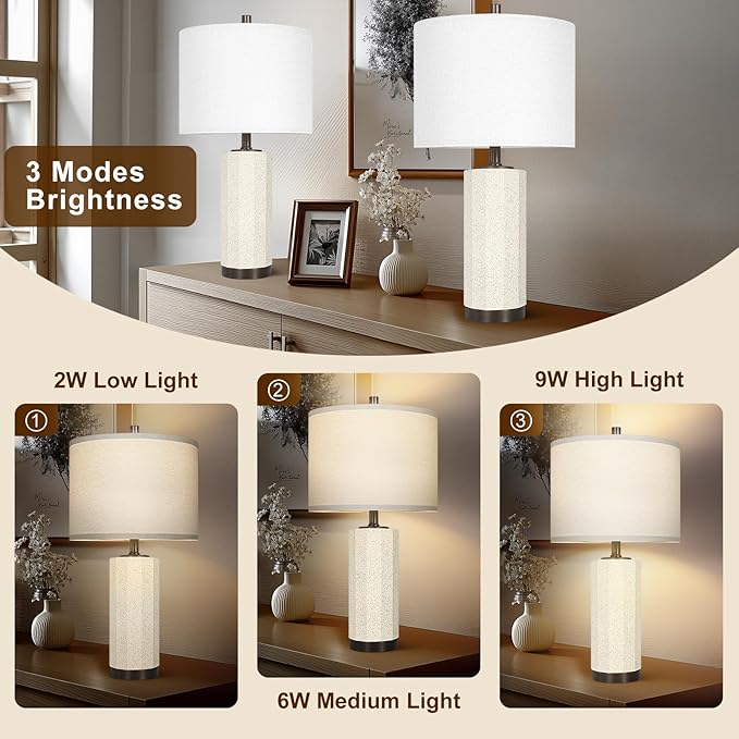 Scenekoy 23” Table Lamp Set of 2 for Bedroom Living Room, Rotary Switch Ceramic Bedside Lamp with White Linen Shade, Dimmable Nightstand Lamps for Room Office Hotel Dorm (Bulb Included) - Bloomnest