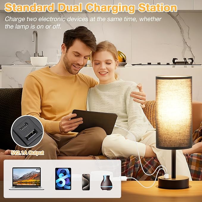 Dicoool Black Touch Bedroom Lamp with USB - 3 Way Dimmable Table Lamp for Bedroom, Nightstand Lamp with Black Charging Station for Desk Dorm, Office, Boy Kids Room, Small - Bloomnest