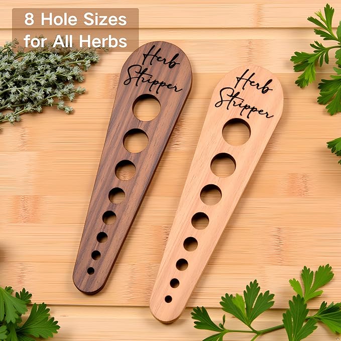 Herb Stripper Tool – Natural Wood Leaf Remover with 8 Hole Sizes, Laser Engraved Kitchen Gadget for Parsley, Thyme, Rosemary – Gift for Home Cooks & Gardeners - Bloomnest