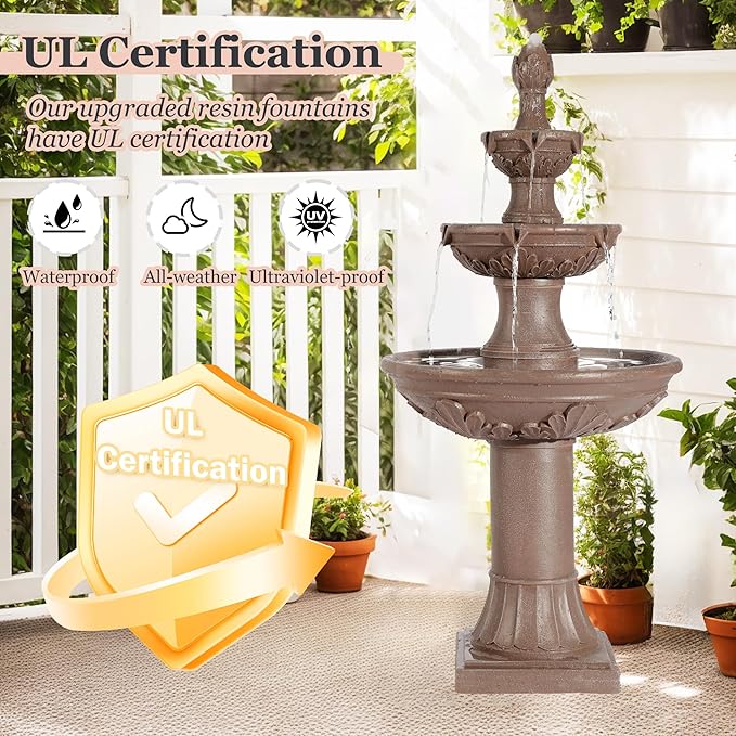 MAGIC UNION Outdoor Garden Water Fountains, 48.4''H Italian Style Fountain and Waterfall Outside, 3-Tier Large Bubbler Cascading Indoor Floor Fountain Features with Pump for Home Yard Decor (Brown) - Bloomnest