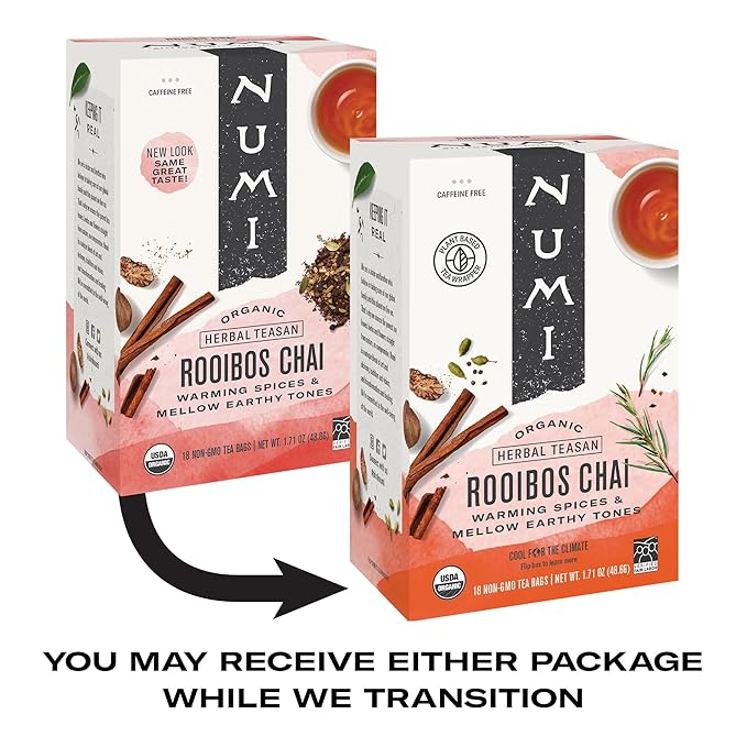 Numi Organic Rooibos Chai Tea, 18 Herbal Bags, Microplastic Free, Rich Flavor with Cinnamon, Allspice & Ginger, Caffeine Free (Pack of 2) - Bloomnest