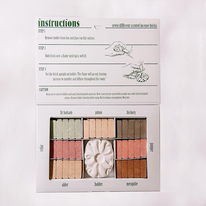 Incienso de Santa Fe - 7 Scent Sampler Natural Wood Incense with Burner, Includes Piñon, Cedar, Juniper, Hickory, Alder, Mesquite, and Fir Balsam (70 Bricks) - Made in the USA InciensodeSantaFe