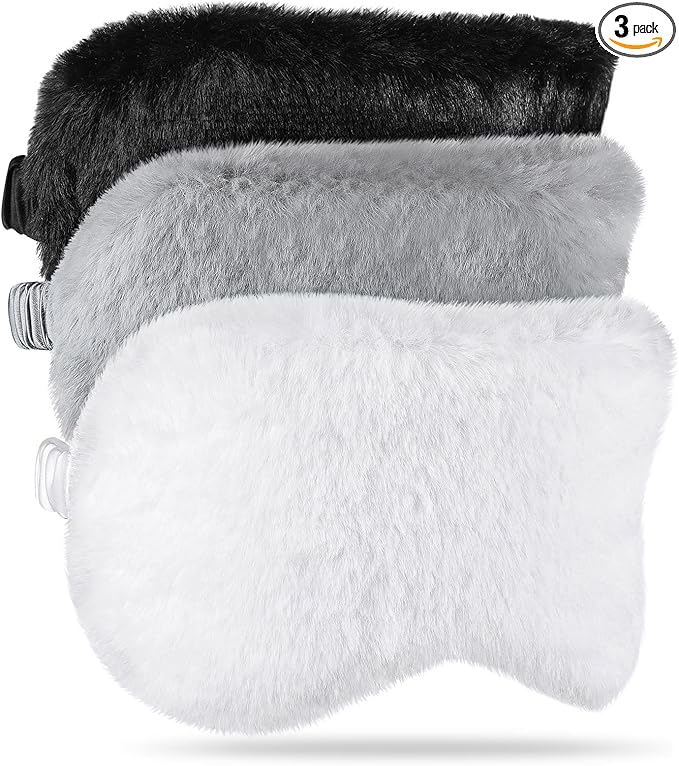 Plush Eye Mask 3 Pcs Sleeping Blindfold Sleeping Mask Sleep Mask Comfortable Plush Sleepover Mask Soft Furry Eye Cover for Sleepover Gift Birthday Party Favors(Black, White, Gray) - Bloomnest