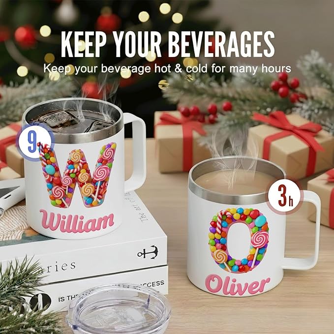 Personalized Kids Mug with Name, 12oz Insulated Tumbler with Handle, Custom Candy Initial Cup, Cute Birthday Christmas Gift for Girls, Boys, Her, Stocking Stuffer (B03) - Bloomnest