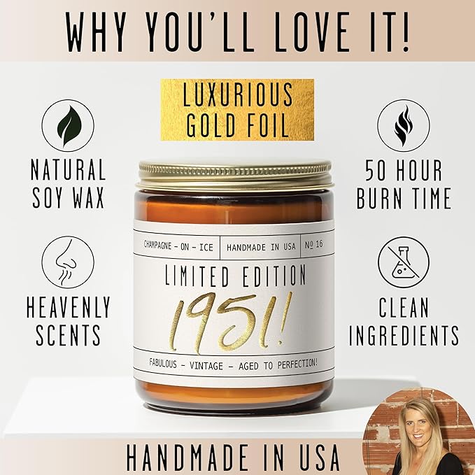 74th Birthday Gifts for Women - 'Limited Edition 1951' Soy Candle, w/Champagne on Ice I 74 Birthday Gifts for Women I 74th Birthday Gift for Her Ideas I 9oz Reusable Jar, 50Hr Burn, Made in USA - Bloomnest