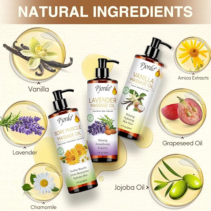 3 Pack Massage Oil for Massage Therapy, Vanilla Oil, Sore Muscle Arnica Oil, Lavender Massage Oil for Skin, Massage Roller Ball, Relaxing Massage Kit, Spa Gift Set for Him Her - Bloomnest