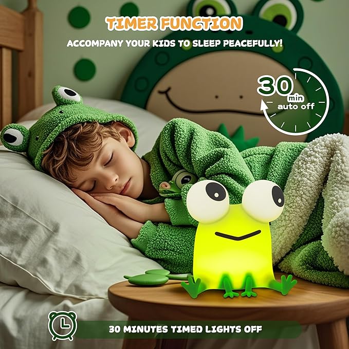 Cute Frog Night Light, LED Silicone Squishy Novelty Animal Lamp,3 Levels Dimmable/Timer Nursery Nightlight for Kids, Rechargeable Touch Bedside Lamp, Bedroom/Dorm Decor, Baby Boys Girls Gifts - Bloomnest