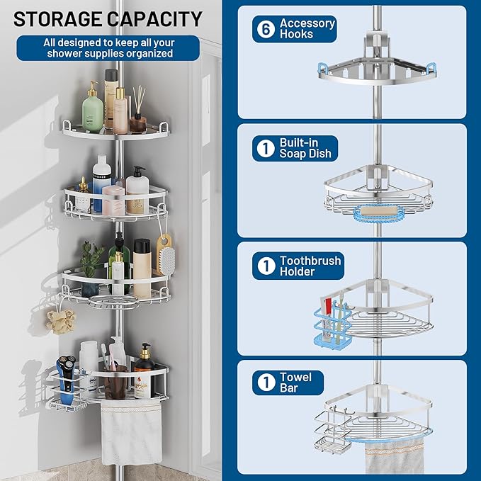 Corner Shower Caddy Tension Pole, 4 Tier Adjustable No Drill Rustproof Large Capacity Space-Saving Shower Shelves Organizer Storage Rack 45.29-119in for Bathroom Bathtub Family Renters, Chrome - Bloomnest