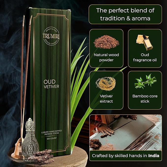 Oud Vetiver Incense Sticks - Pack of 100 Inscents-Sticks - Inciensos Aromaticos - Made with Natural Ingredients - Scented Insence Non Toxic Insense Incents