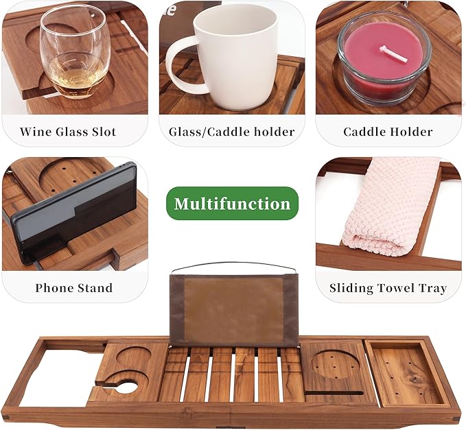 VaeFae Premium Teak Bathtub Tray, Expandable Wooden Bath Tray for Tub, Luxury Bathtub & Bathroom Accessories, Great House Warming, Anniversary & Wedding and Birthday Gifts (Free Teak Body Brush) - Bloomnest
