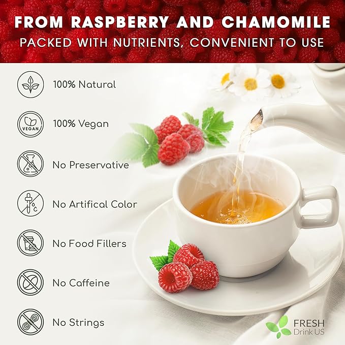 FreshDrinkUS, 75 Bags Premium Raspberry Leaf Teawith Chamomile Flavor, Eases Menstrual Cramps & Supports Healthy Pregnancy, Naturally, Caffeine-Free, Sugar Free, Vegan - Bloomnest